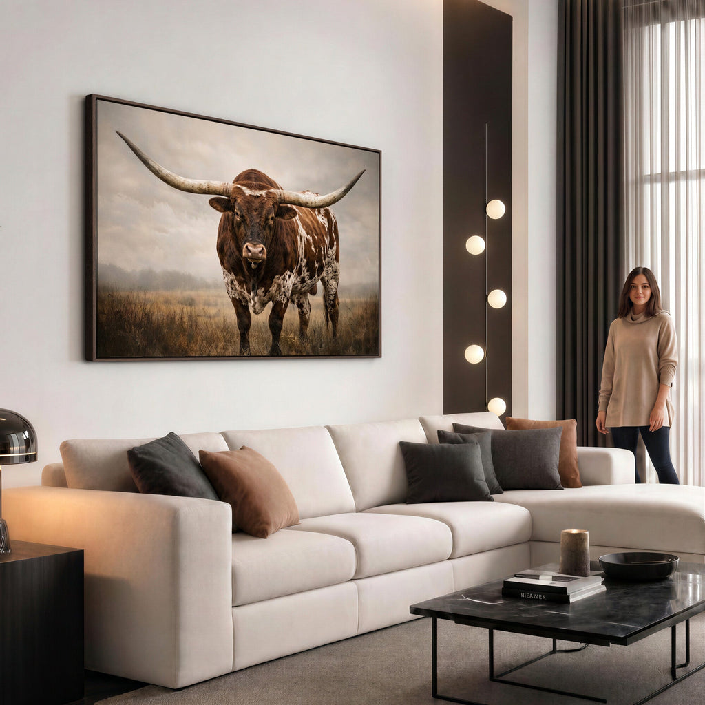 Texas Longhorn Wall Art Canvas Print | Brown Horned Bull Rustic Western Decor