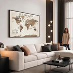 Personalized Beige Geometric Family Push Pin World Map Canvas Print, Honeymoon and Anniversary Gift, Living Room and Study Decor