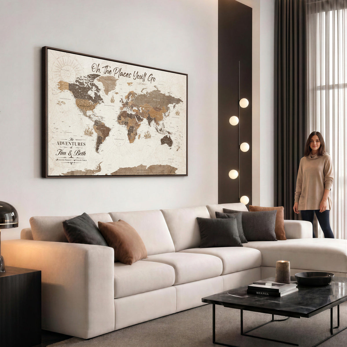 Personalized Beige Geometric Family Push Pin World Map Canvas Print, Honeymoon and Anniversary Gift, Living Room and Study Decor