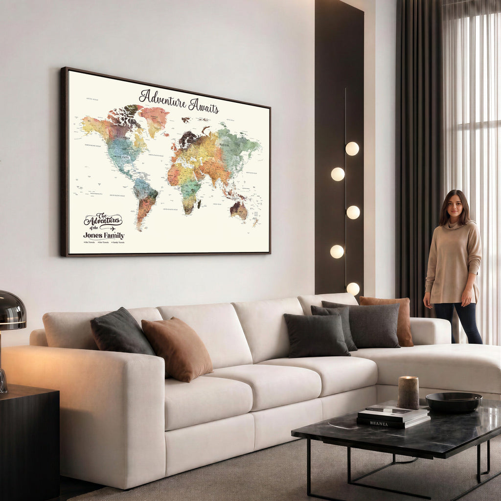 Personalized Framed Beige Modern Push Pin Travel Map Canvas Print, Family Travel Tracker, Bedroom and Home Office Decor