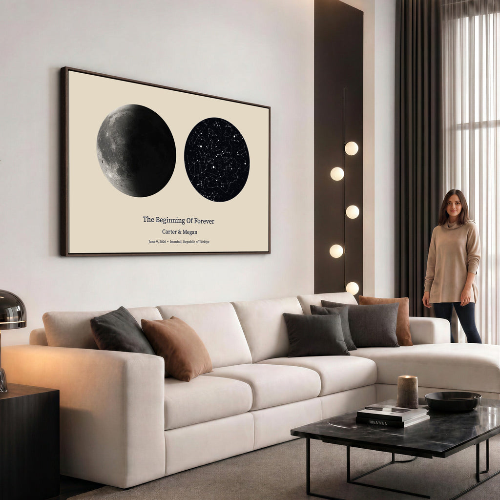 Moon and Stars Canvas Print, Personalized Moon Phase and Star Map Art