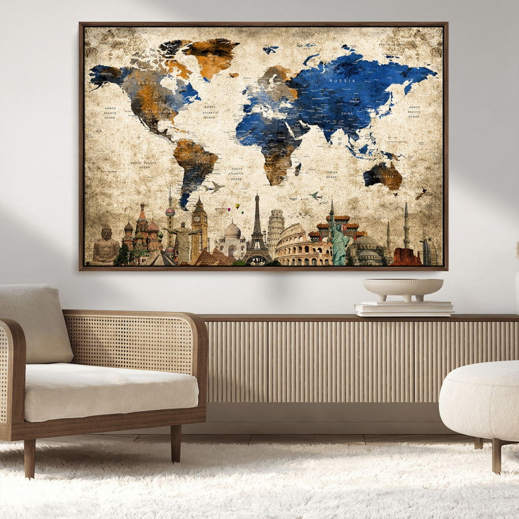 World Map Canvas Print | Vintage Blue and Gold World Map Wall Art