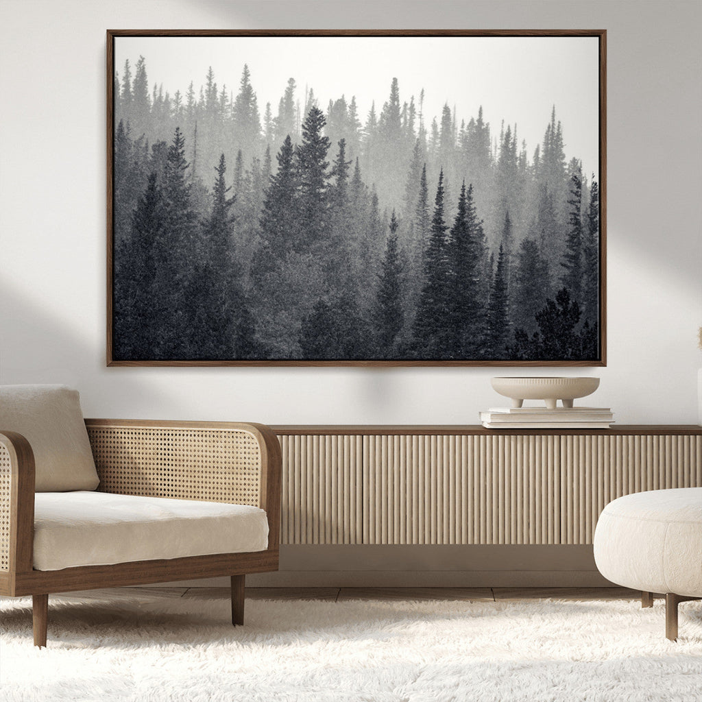 Misty Forest Canvas Wall Art | Monochrome Triptych Pine Tree Print