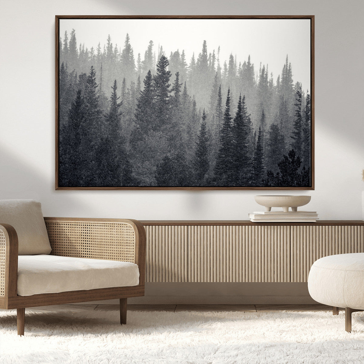 Misty Forest Canvas Wall Art | Monochrome Triptych Pine Tree Print