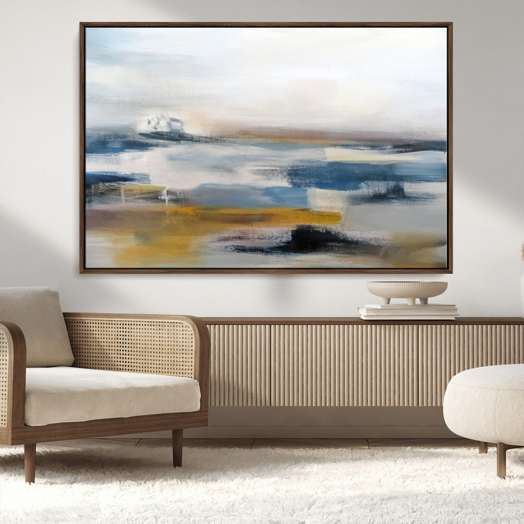 Abstract Landscape Wall Art Canvas | 3 Panel Modern Blue, Gold and White Canvas Art