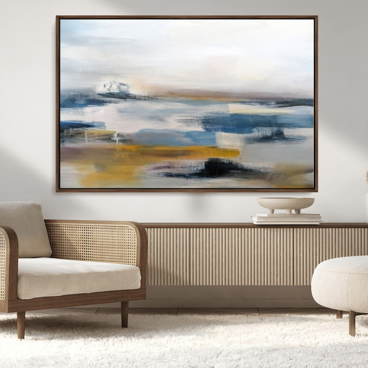 Abstract Landscape Wall Art Canvas | 3 Panel Modern Blue, Gold and White Canvas Art
