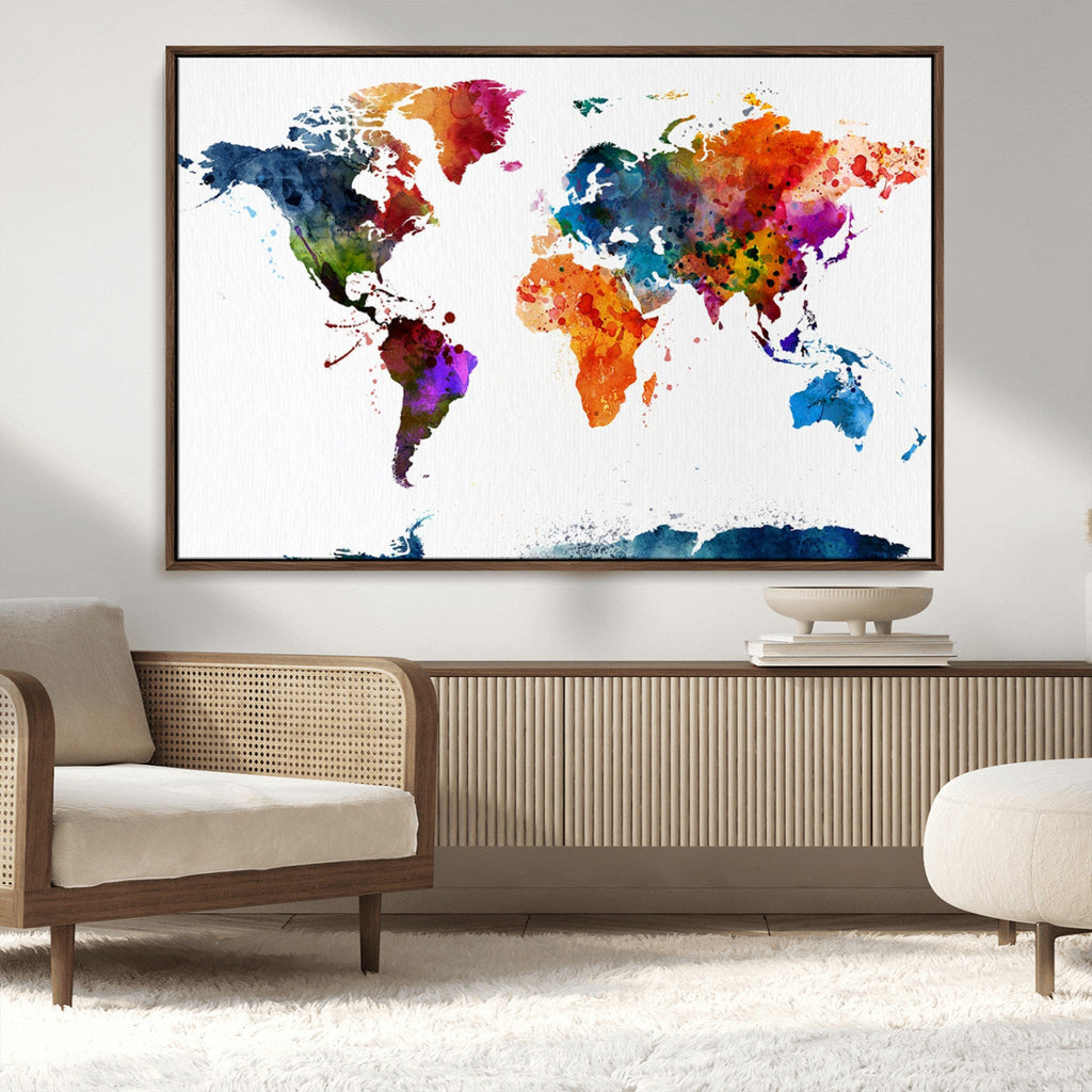 Bold Colorful World Map Canvas Print | Detailed Map of the World Wall Art