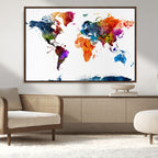 Bold Colorful World Map Canvas Print | Detailed Map of the World Wall Art