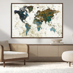 Vintage World Map Wall Art Canvas Print, Framed Rustic Earth Tone Map