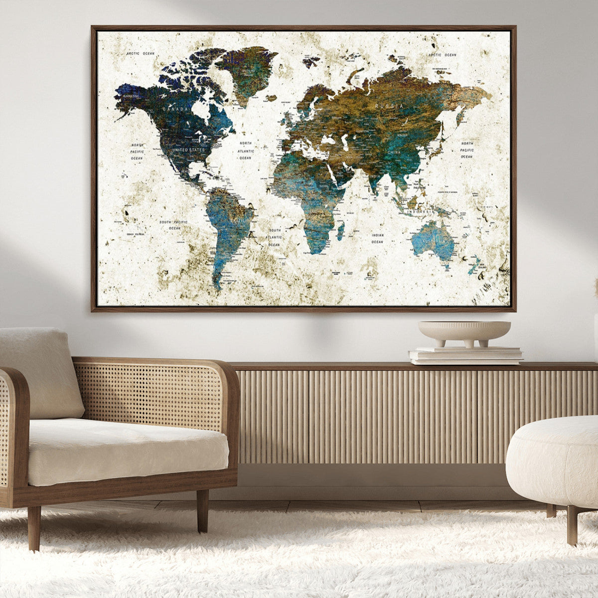 Vintage World Map Wall Art Canvas Print, Framed Rustic Earth Tone Map
