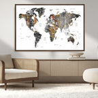 Modern Metallic World Map Canvas Wall Art | Framed Contemporary World Map Print