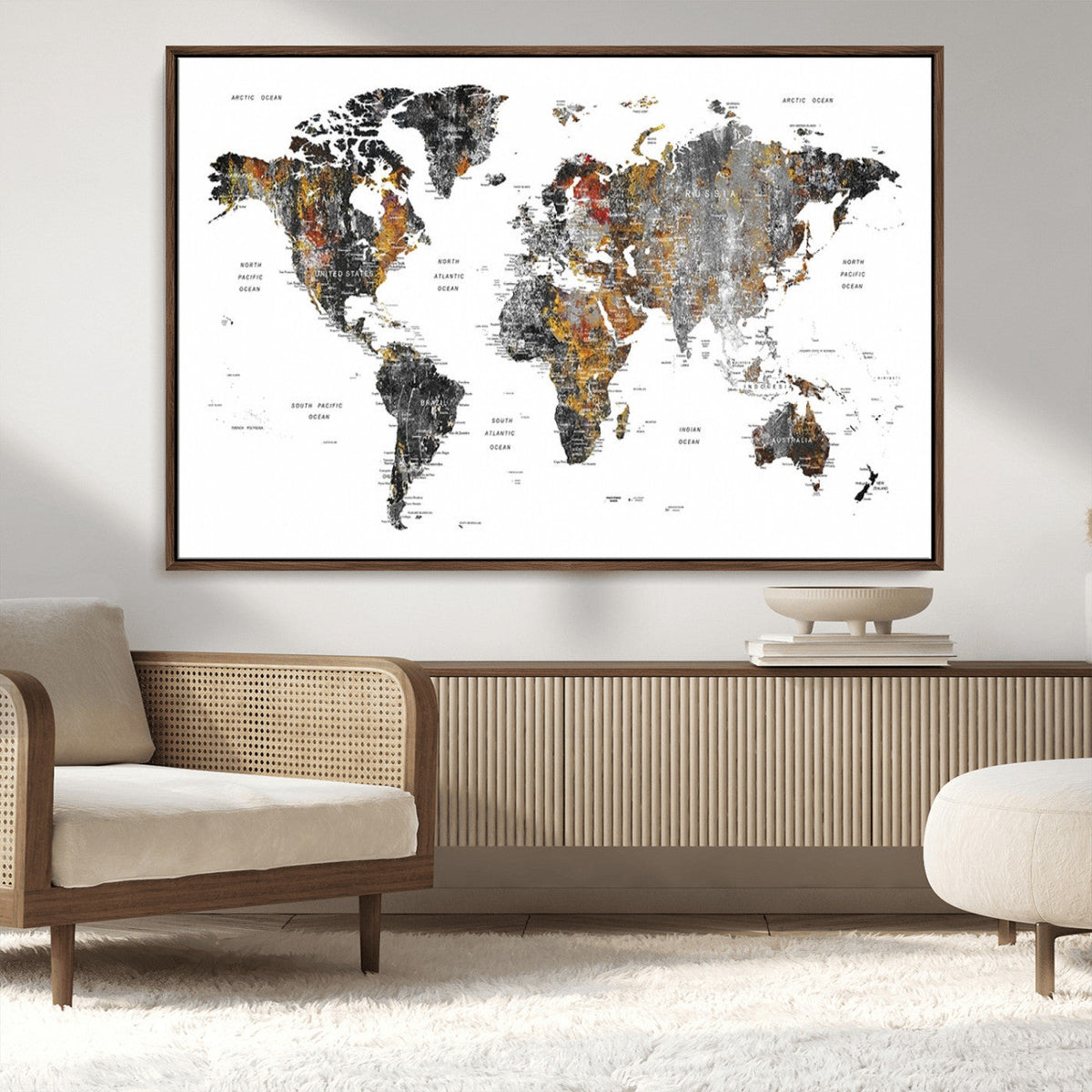 Modern Metallic World Map Canvas Wall Art | Framed Contemporary World Map Print