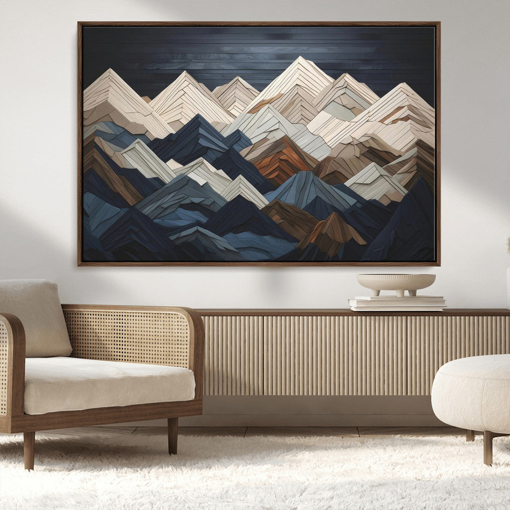 Rustic Mountain Landscape Wall Art Canvas Print, Framed 3D Wooden Effect Mountain Art