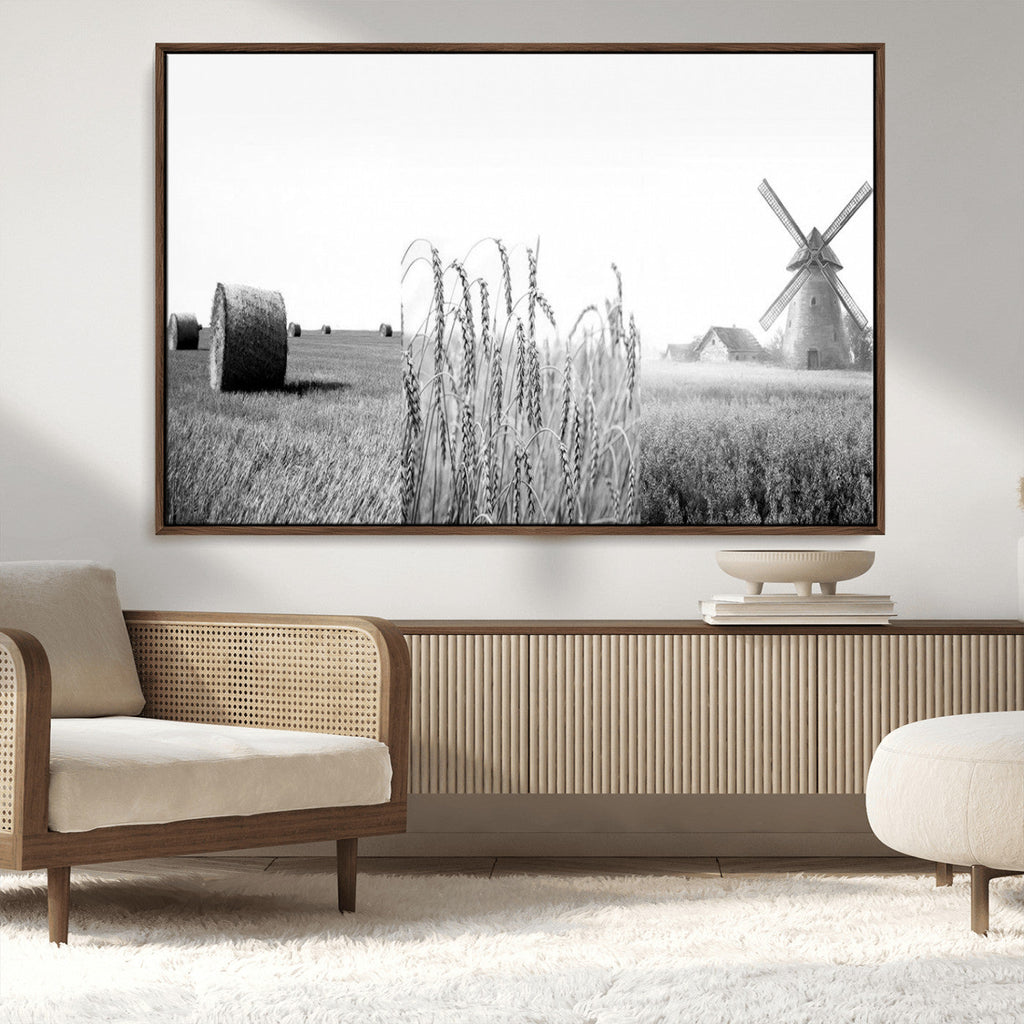 Vintage Farmhouse Black and White Triptych Wall Art, Giclee Canvas with Wheat Fields, Hay Bales and Windmill