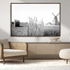 Vintage Farmhouse Black and White Triptych Wall Art, Giclee Canvas with Wheat Fields, Hay Bales and Windmill