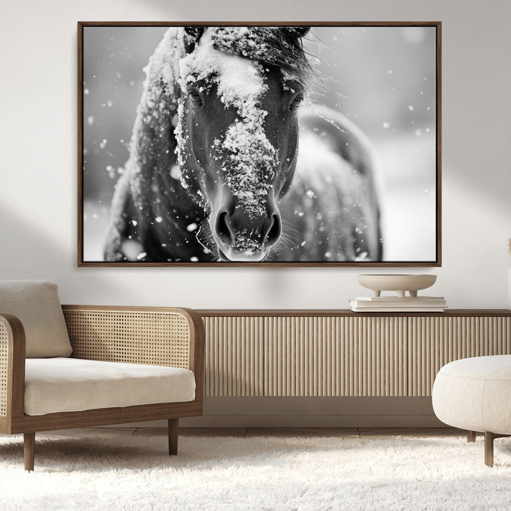 Black and White Horse Winter Wall Art, Ready to Hang