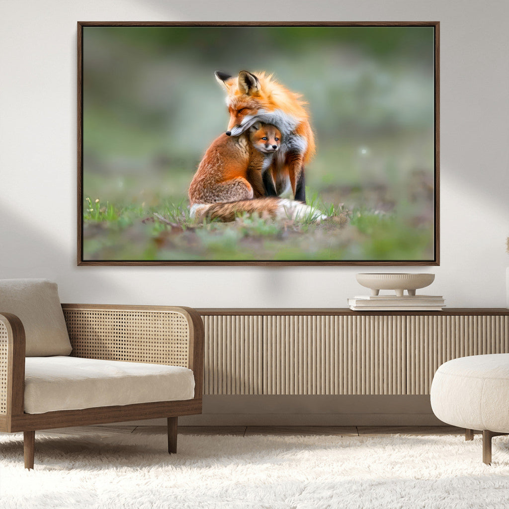 Heartwarming Fox and Baby Cub Wall Art | Canvas Print of Foxes in Nature