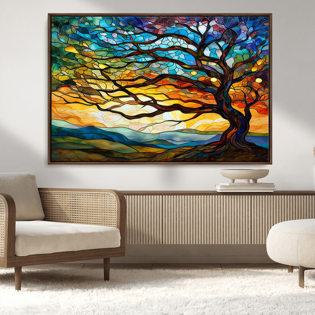 Vibrant Mosaic Tree of Life Wall Art, Stained Glass Style Canvas Print