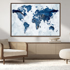 Modern Blue World Map Canvas Print | Elegant Travel Map Wall Art for Home Office