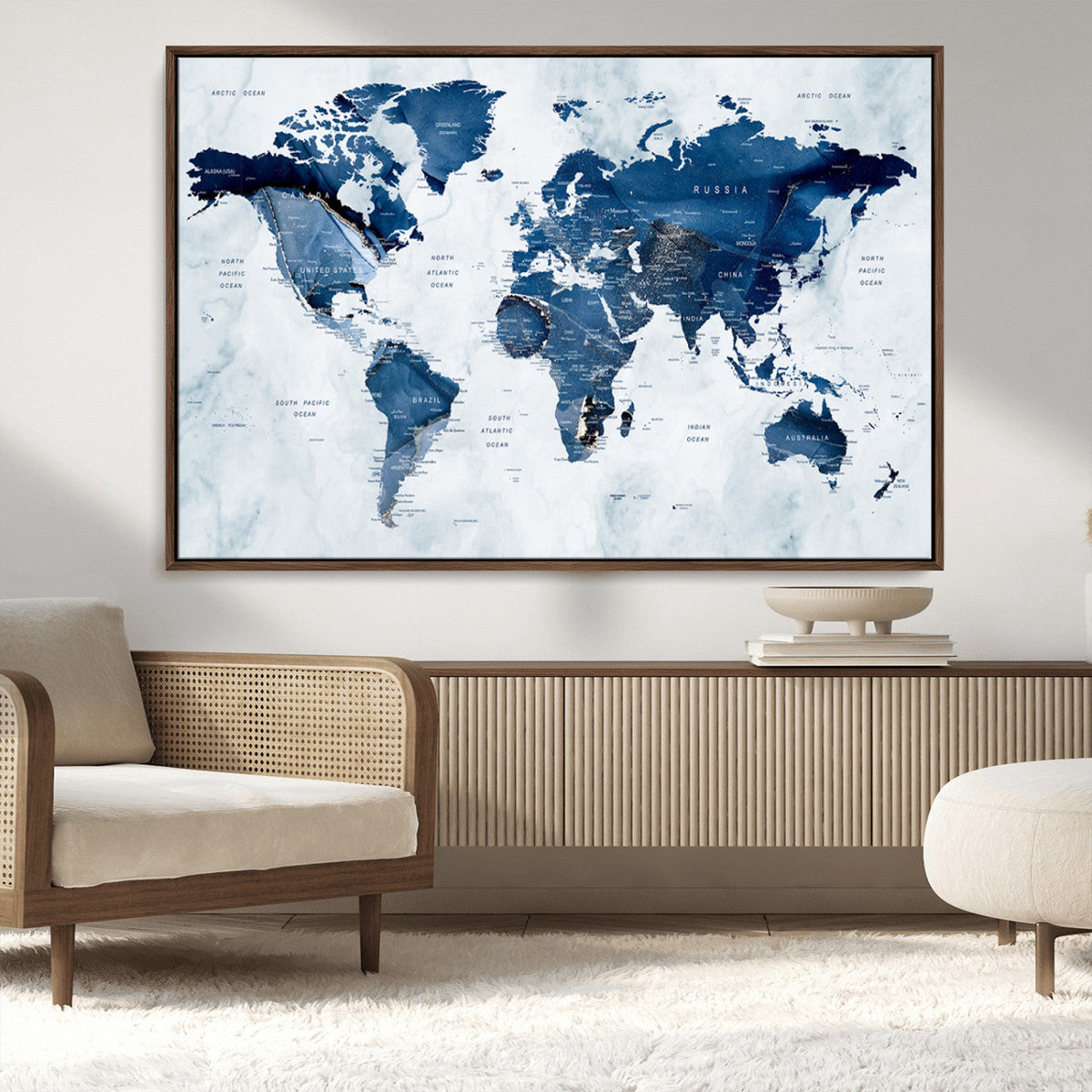 Modern Blue World Map Canvas Print | Elegant Travel Map Wall Art for Home Office