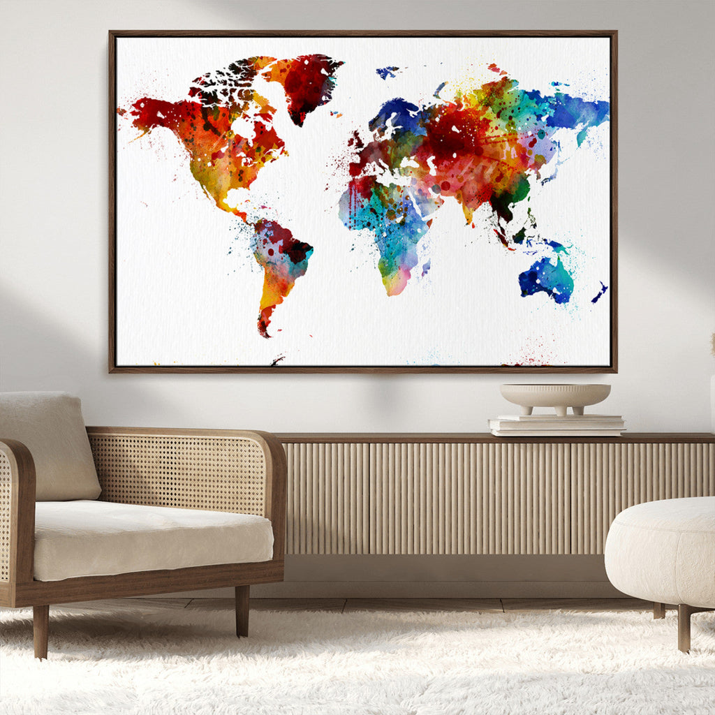 Colorful World Map Canvas Wall Art Print, Contemporary Global Map Artwork