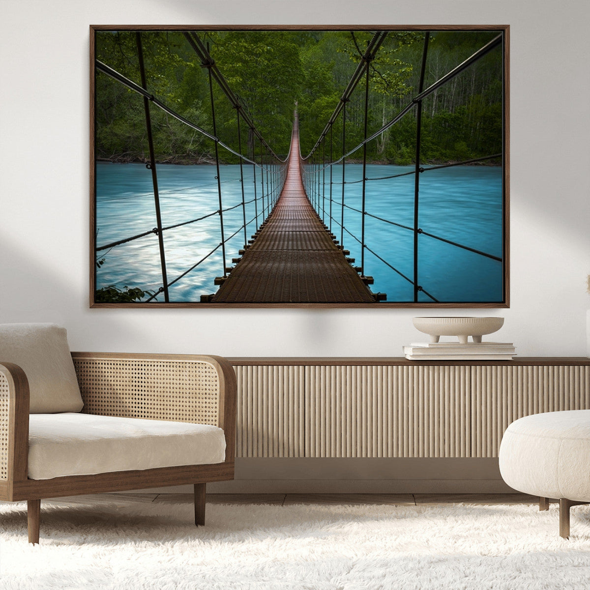 Suspension Bridge Over River Canvas Art | 3-Panel Nature Wall Art