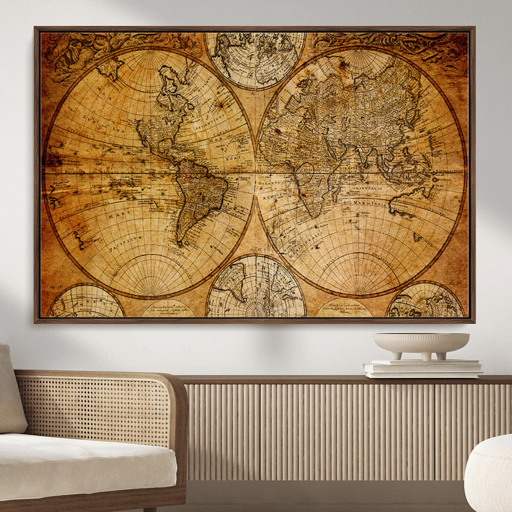Vintage World Map Canvas Print | Antique Push Pin Travel Map