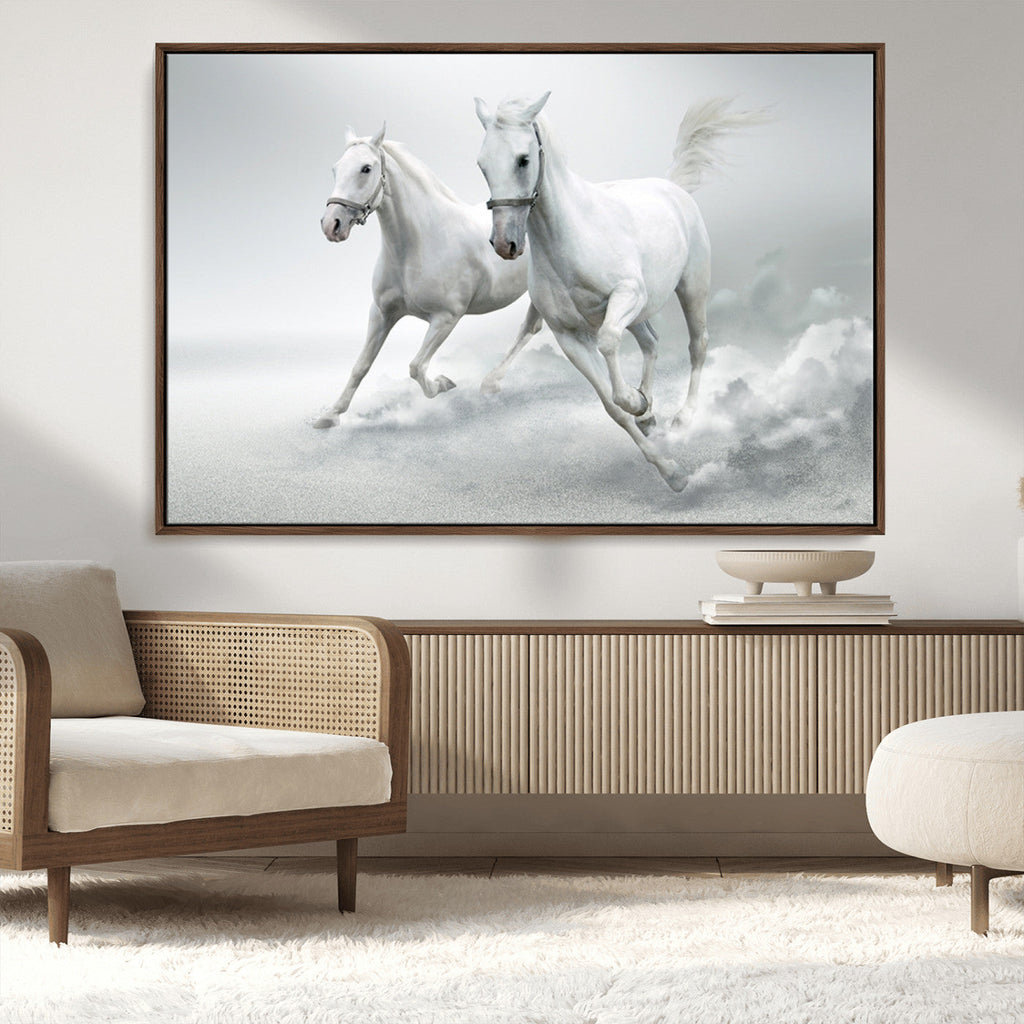 Large Wall Art Canvas Print, Beautiful Running White Horses