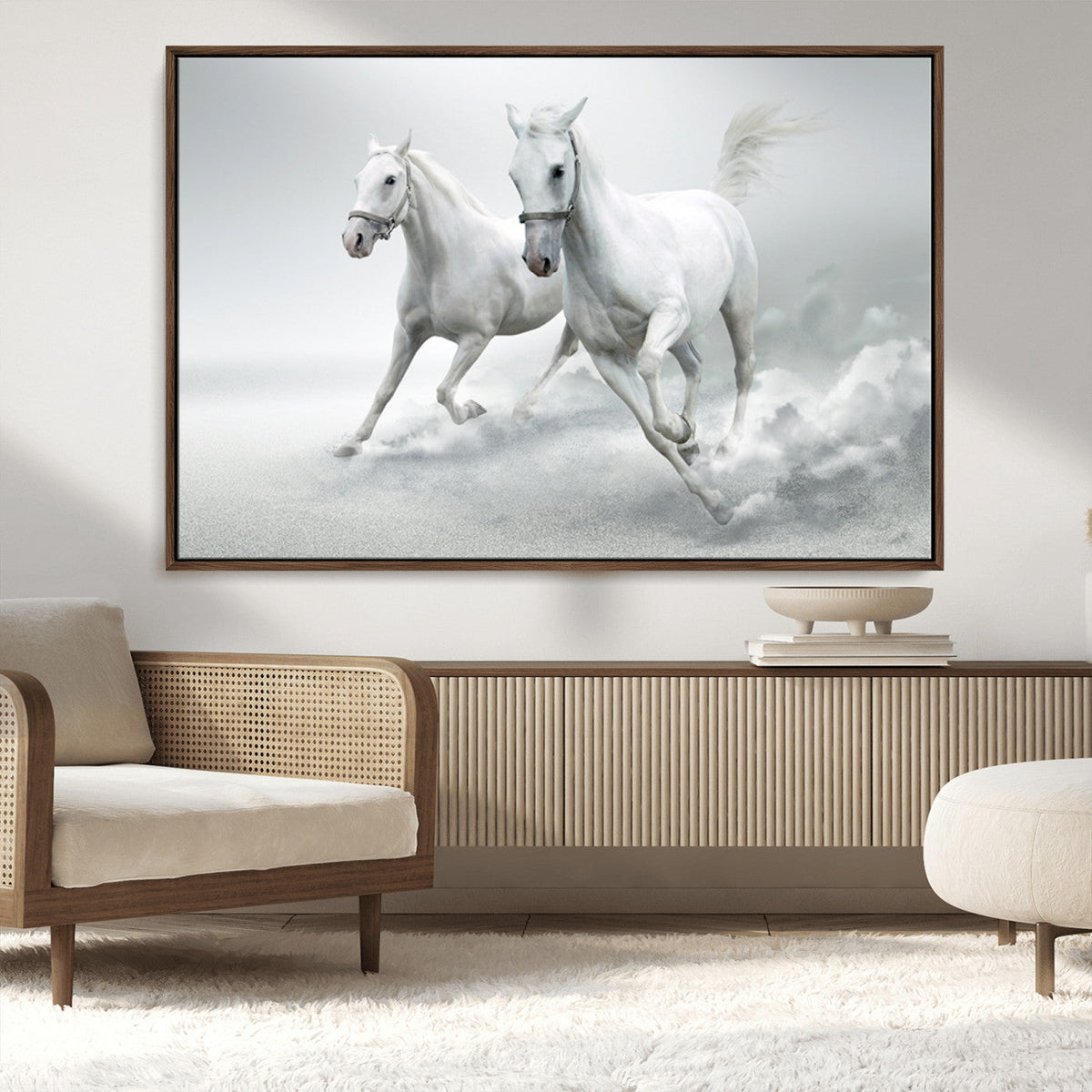 Large Wall Art Canvas Print, Beautiful Running White Horses