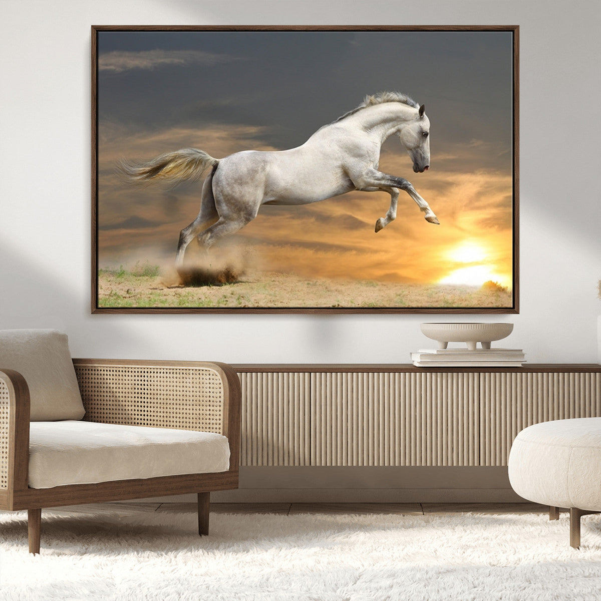 Large Wall Art Canvas Print, White Jumping Horse at Sunset