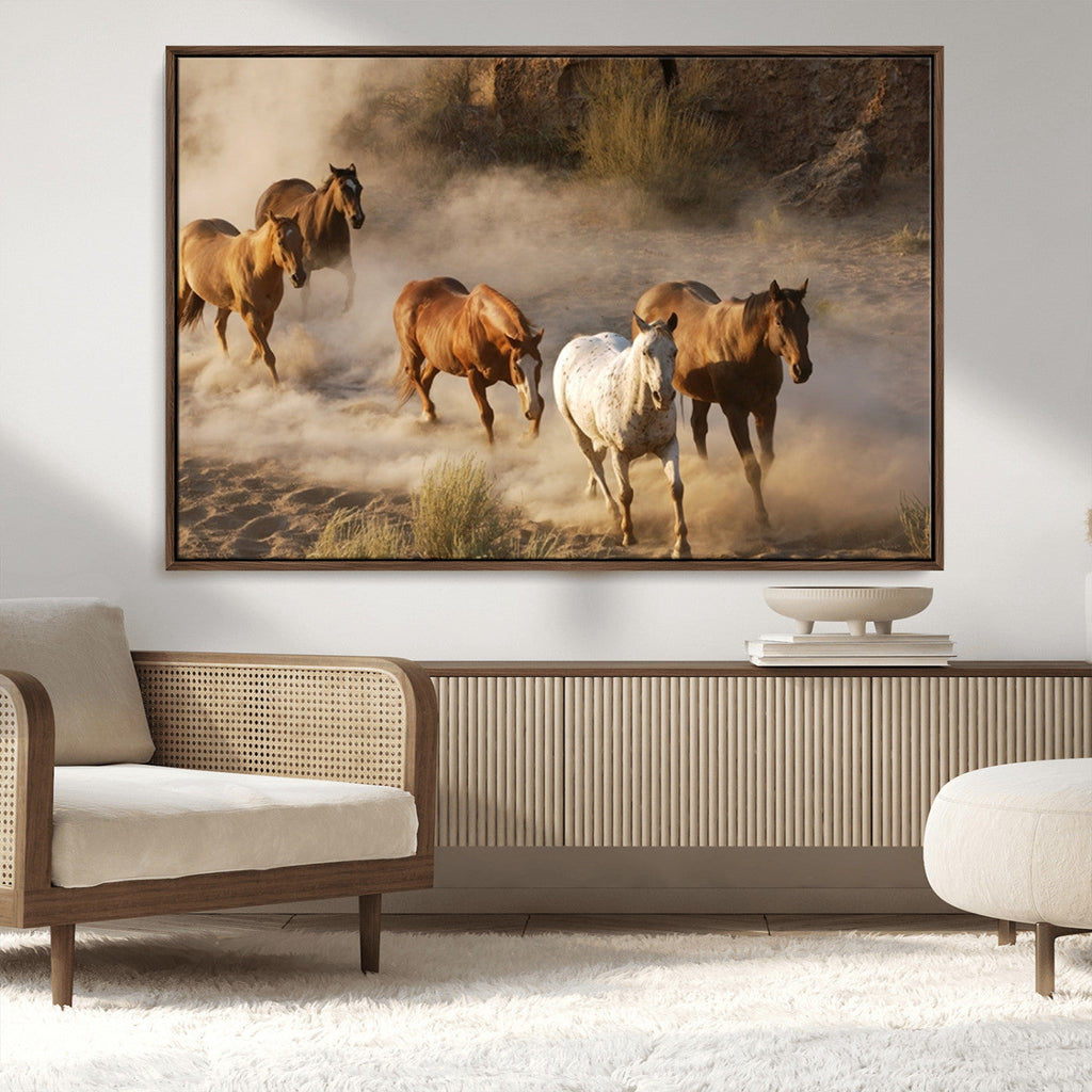 Large Wall Art 5 Horses Running on Sand Canvas Print