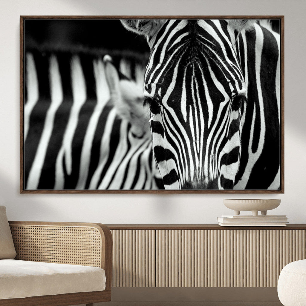 Zebra Wall Art | Zebra Close Up Canvas Print | Framed Black and White Wildlife