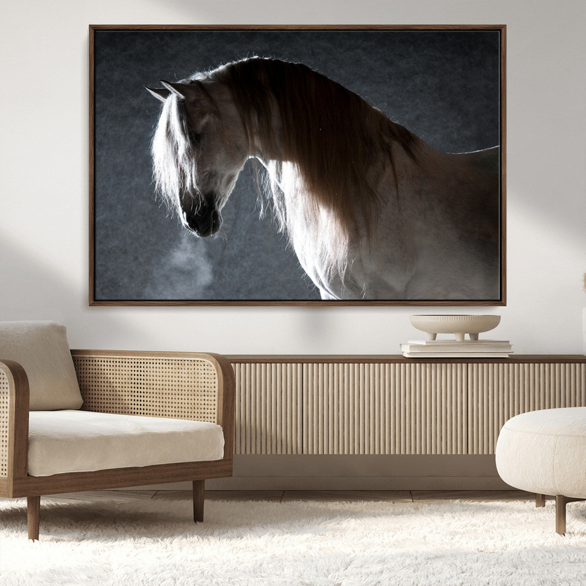 Large Wall Art Cream Colored Horse on Grey Background Canvas