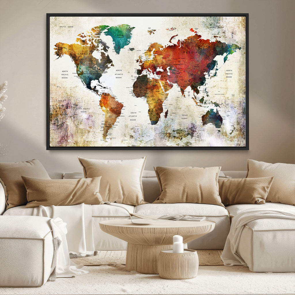 Watercolor World Map Canvas Print | Framed Travel Map Wall Art for Couples