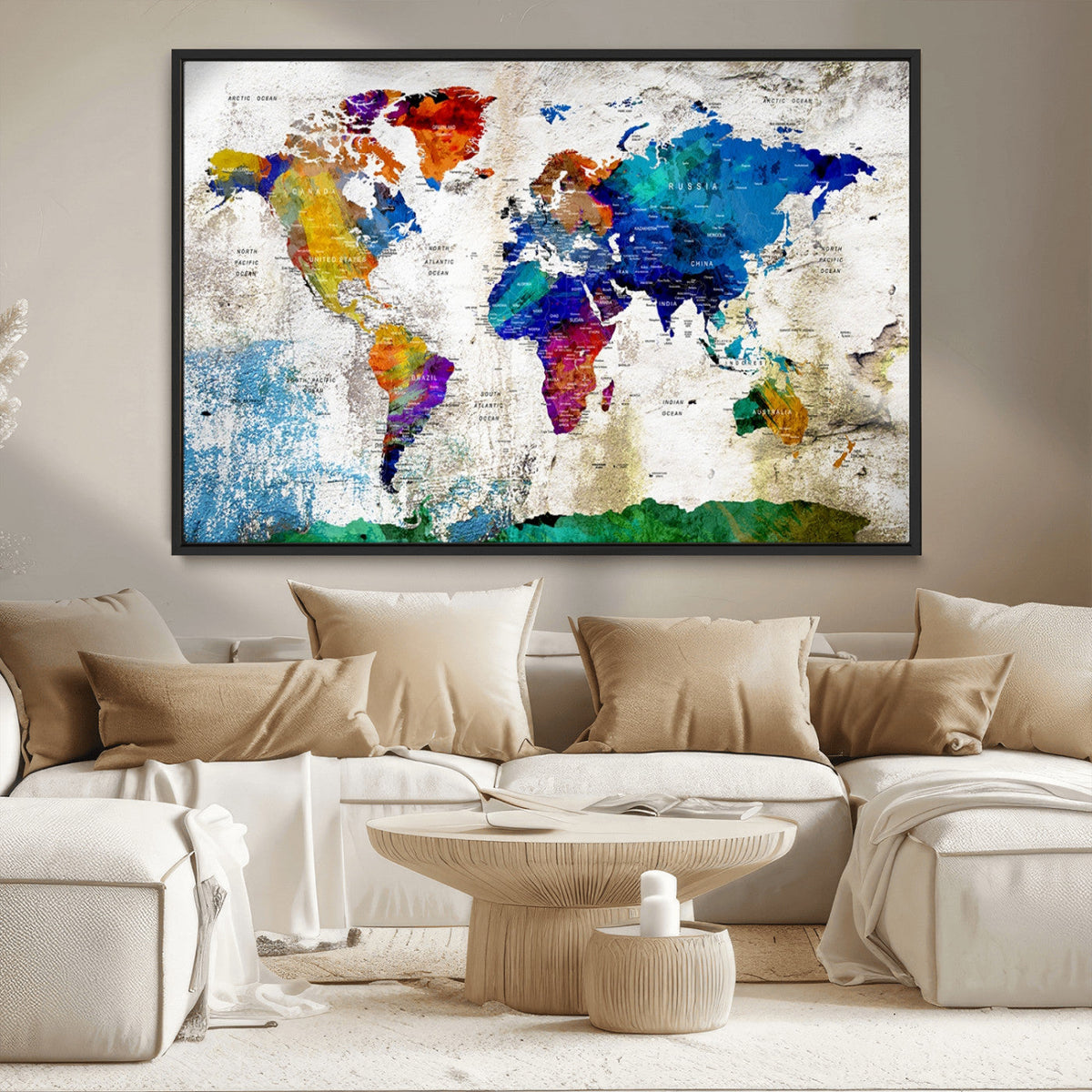 Navy Blue and Orange Watercolor World Map Canvas Print | Framed Travel Map