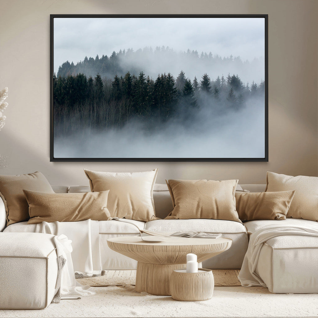 Autumn and Misty Trees in the Forest Wall Art Canvas Print, Foggy Forest Mountain Wall Art