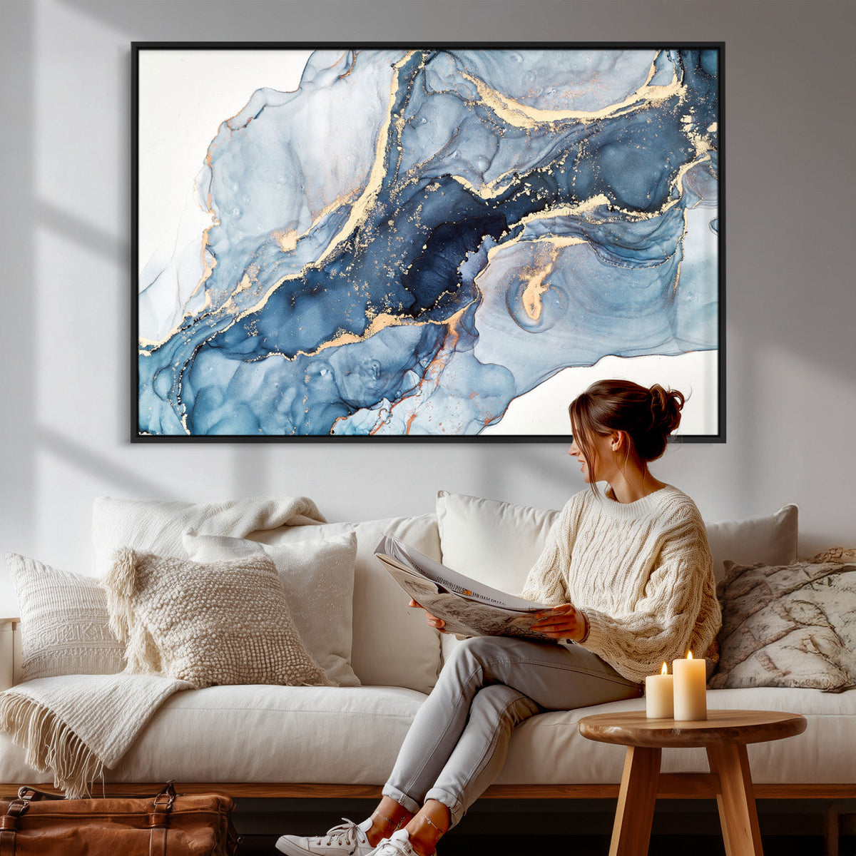 Blue Abstract Canvas Wall Art Print | Fluid Marble Effect Abstract Art