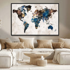 Abstract Earth Tone Blue World Map Canvas Print | Framed Travel Map Wall Art