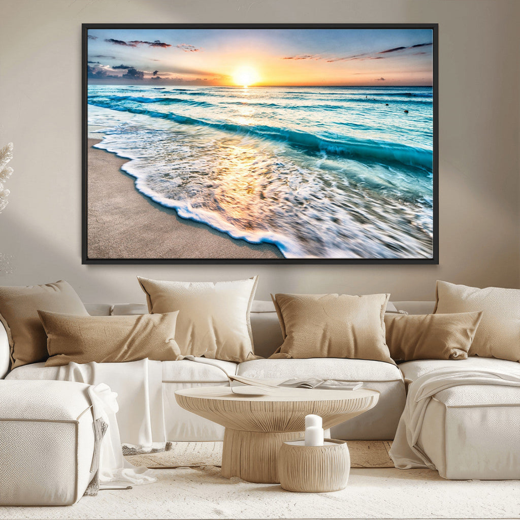 Sunset Beach Waves Canvas Wall Art | Ocean Sunset Coastal Print