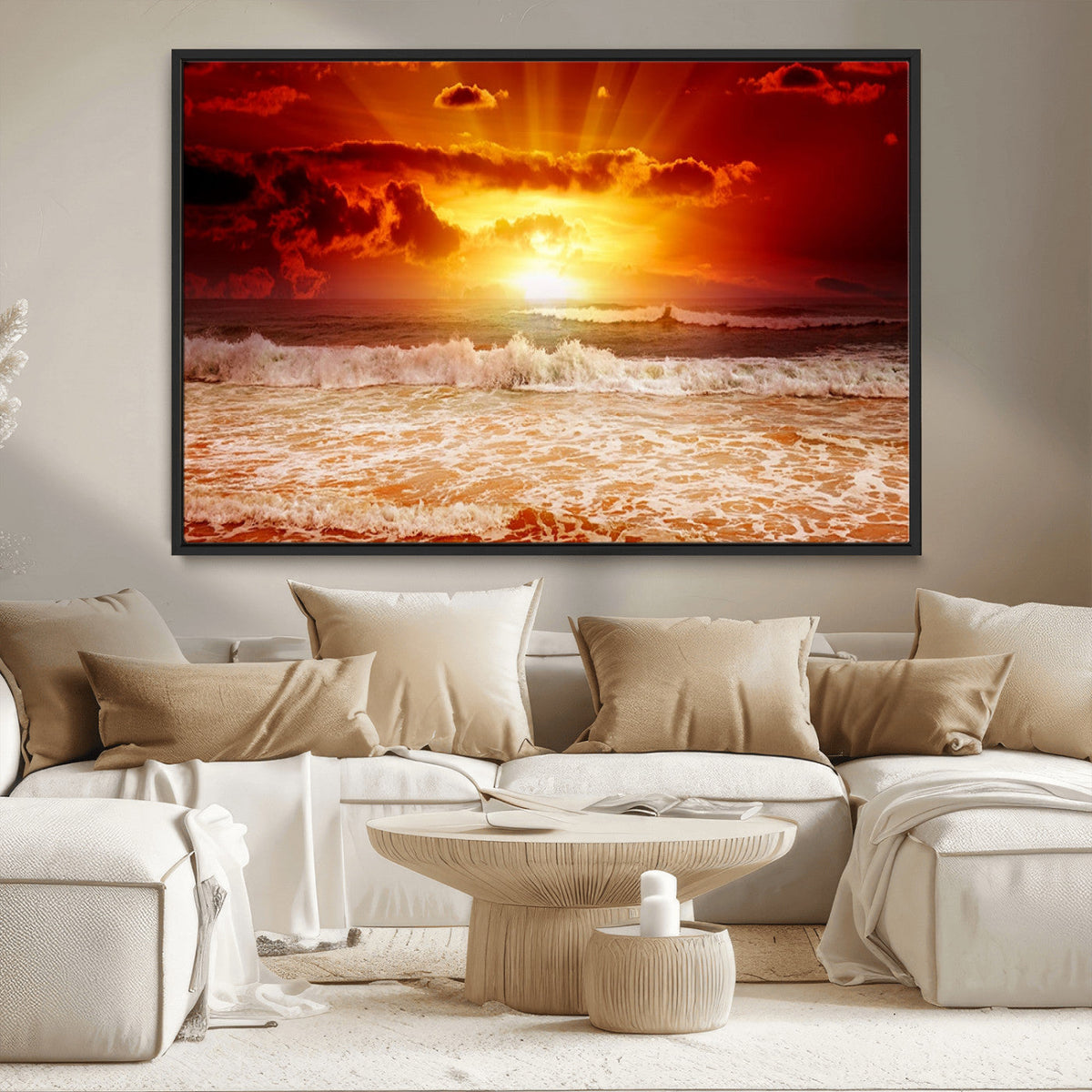 Red Sunset Ocean Beach Canvas Wall Art, Coastal Sunset Print