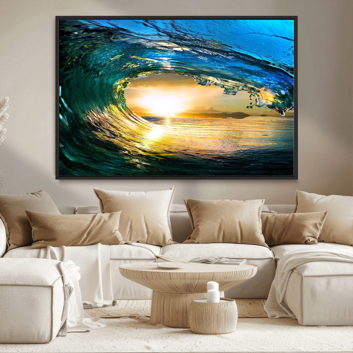 Ocean Wave at Sunset Canvas Art, Large Wall Print of Vibrant Surfing Wave