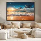 Golden Sunset Beach Triptych Canvas Art, Giclee Coastal Wall Decor, Ocean Waves Print