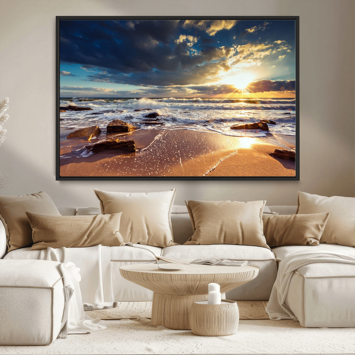 Golden Hour Beach Sunset Canvas Triptych, Ocean Waves and Rocks Wall Art