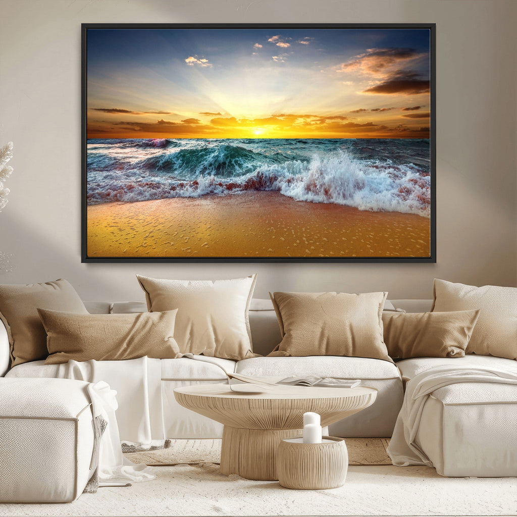 Golden Sunset Ocean Waves Wall Art Canvas Print | Multi Panel Beach Canvas Set, Coastal Triptych