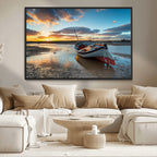 Small Boat At The Beach Sunset Wall Art, Boat Sunset Wall Art Canvas Print