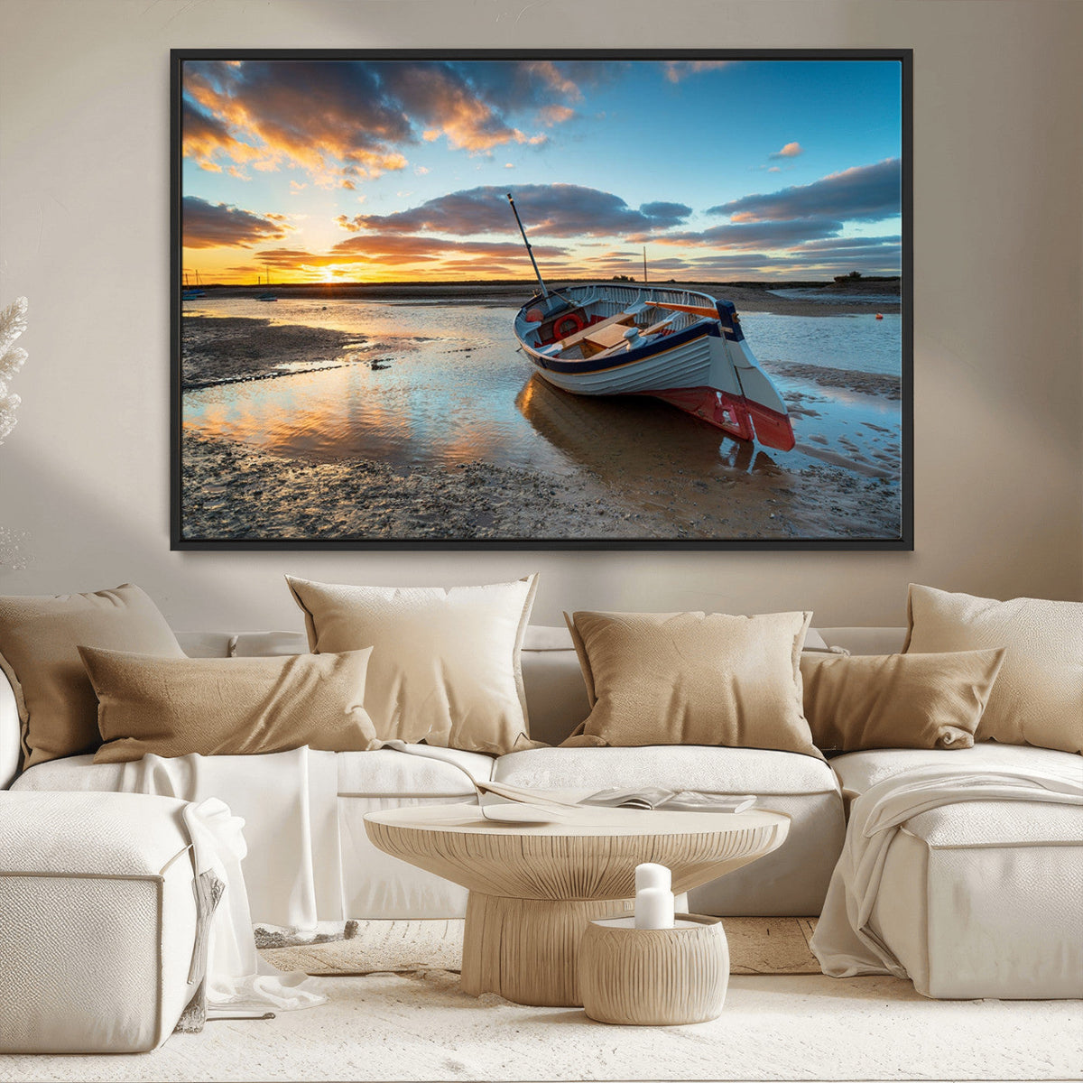 Small Boat At The Beach Sunset Wall Art, Boat Sunset Wall Art Canvas Print