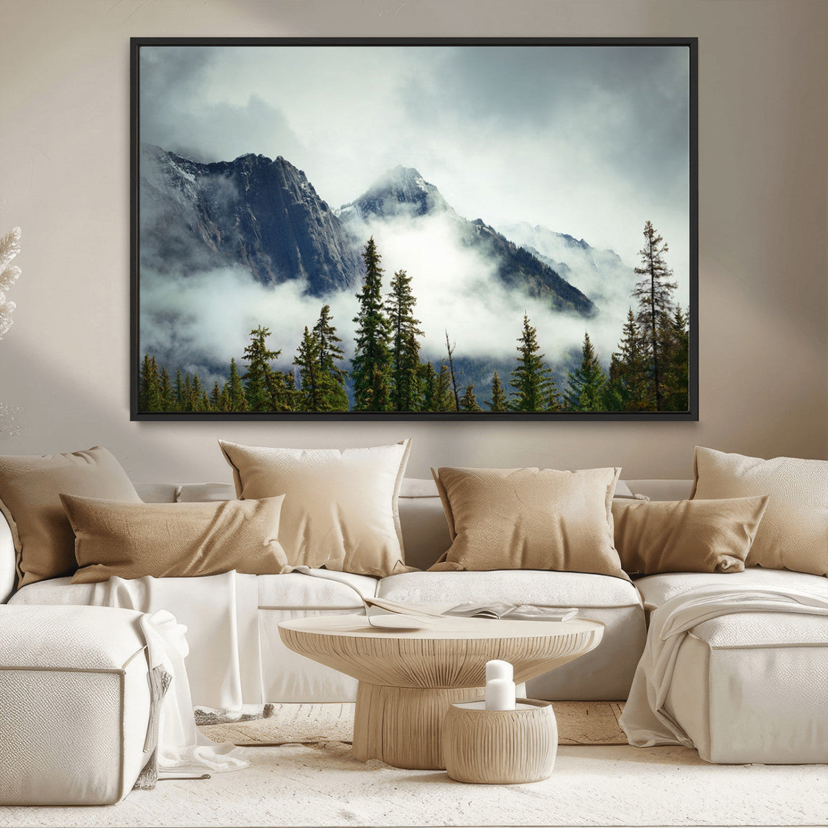 Mountain Mist Canvas Wall Art Print | 3-Panel Foggy Forest and Mountain Landscape