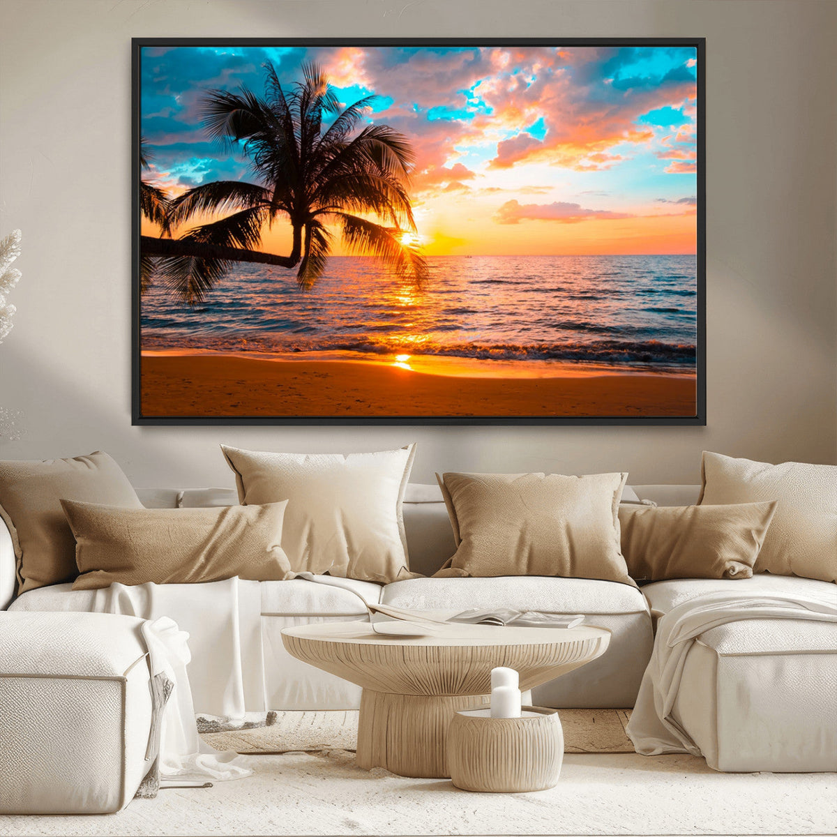 Palm Tree Sunset On The Beach Wall Art Canvas, Framed Palm Tree Sunset Canvas Print