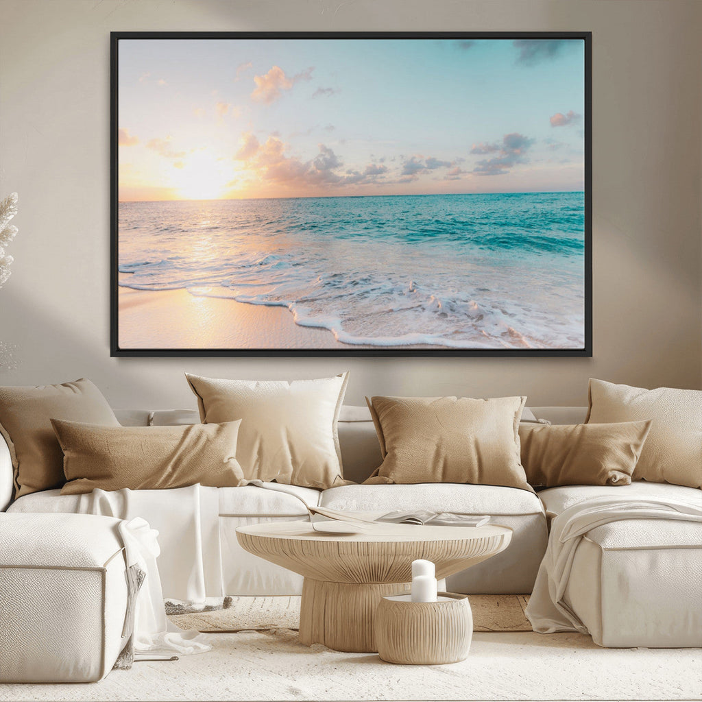 Tranquil Ocean Beach Sunset Canvas Wall Art | 3-Panel Coastal Decor