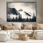 Forest Mountain Print | Black and White Canvas Wall Art with Misty Forest Design